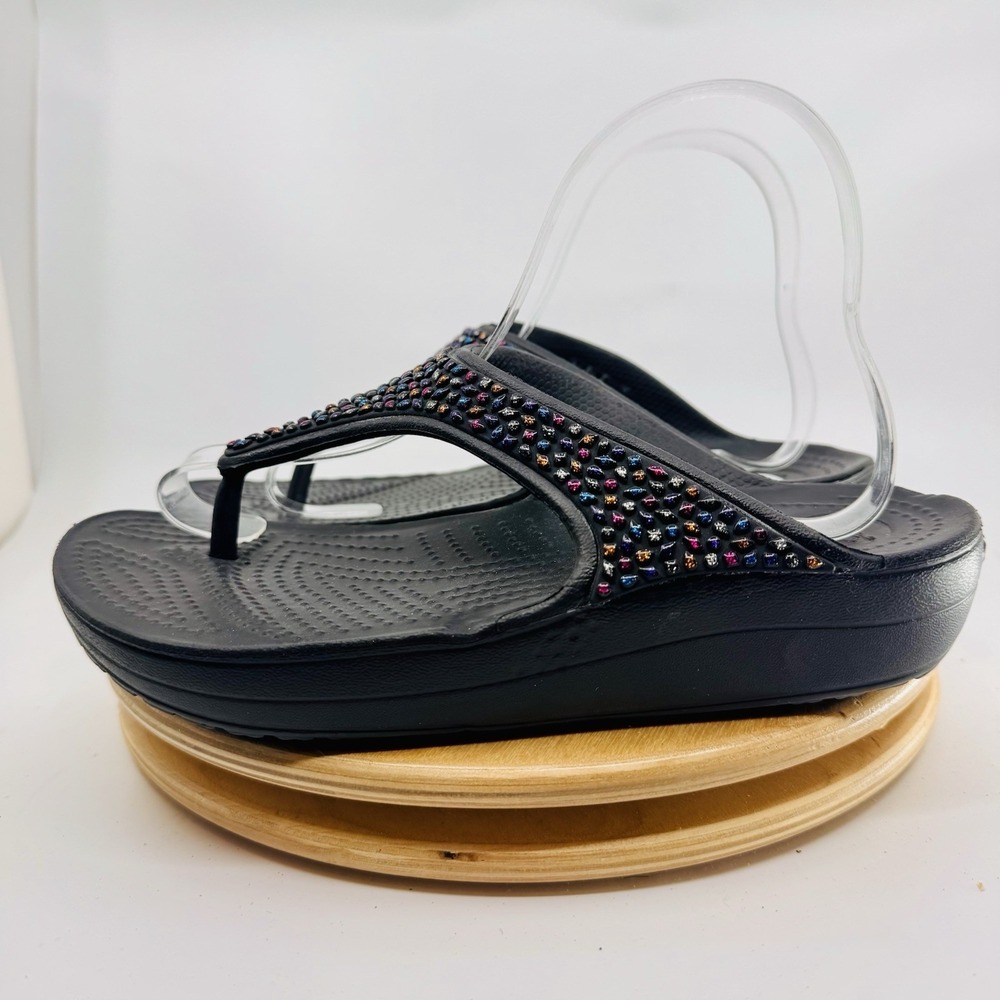 Crocs Sloane glitter Flip Flops Shoes Womens 10 Black Embellished Comfort